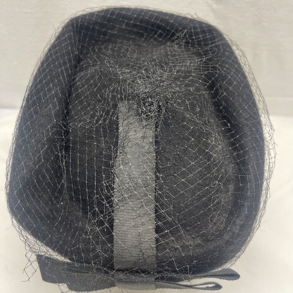 Vintage Black Pillbox Hat with Netting Bow Wool Union Made Church Mourning Hat - Picture 5 of 9